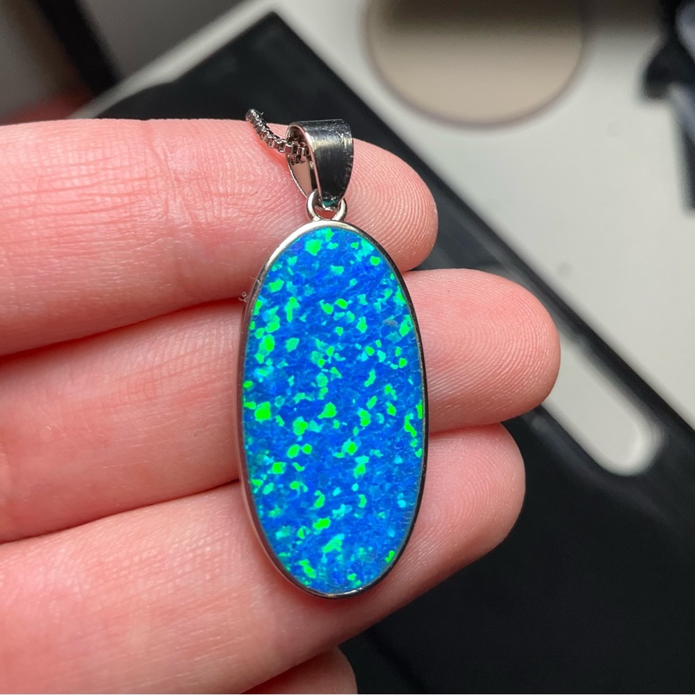 Blue Fire Opal Doublet Pendant Necklace Stainless Steel Chain Large Opal Pendant